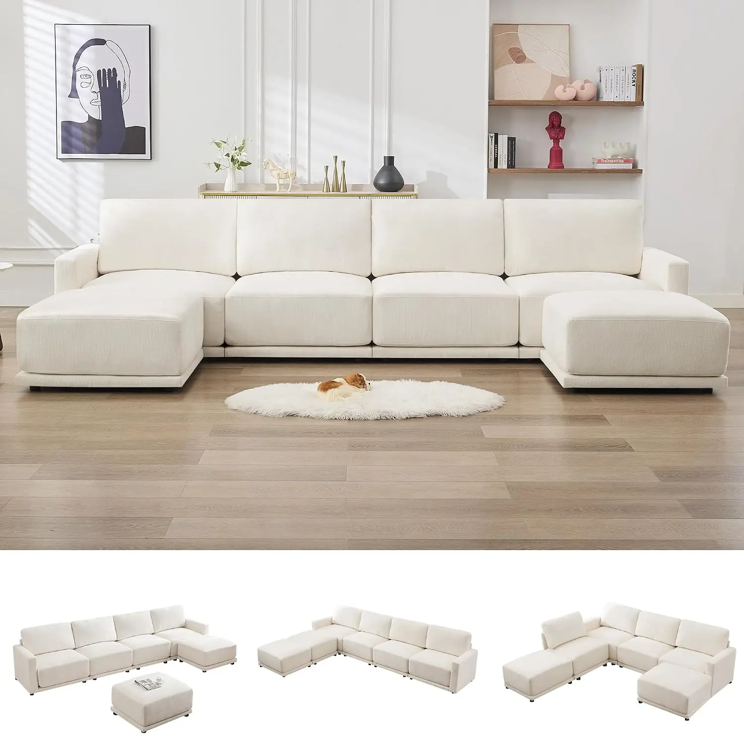 Modern Chenille U Shaped Modular Sectional Sofa with Thickened Cushions, 6 Seater with 2 Ottomans for Living Room, Customized
