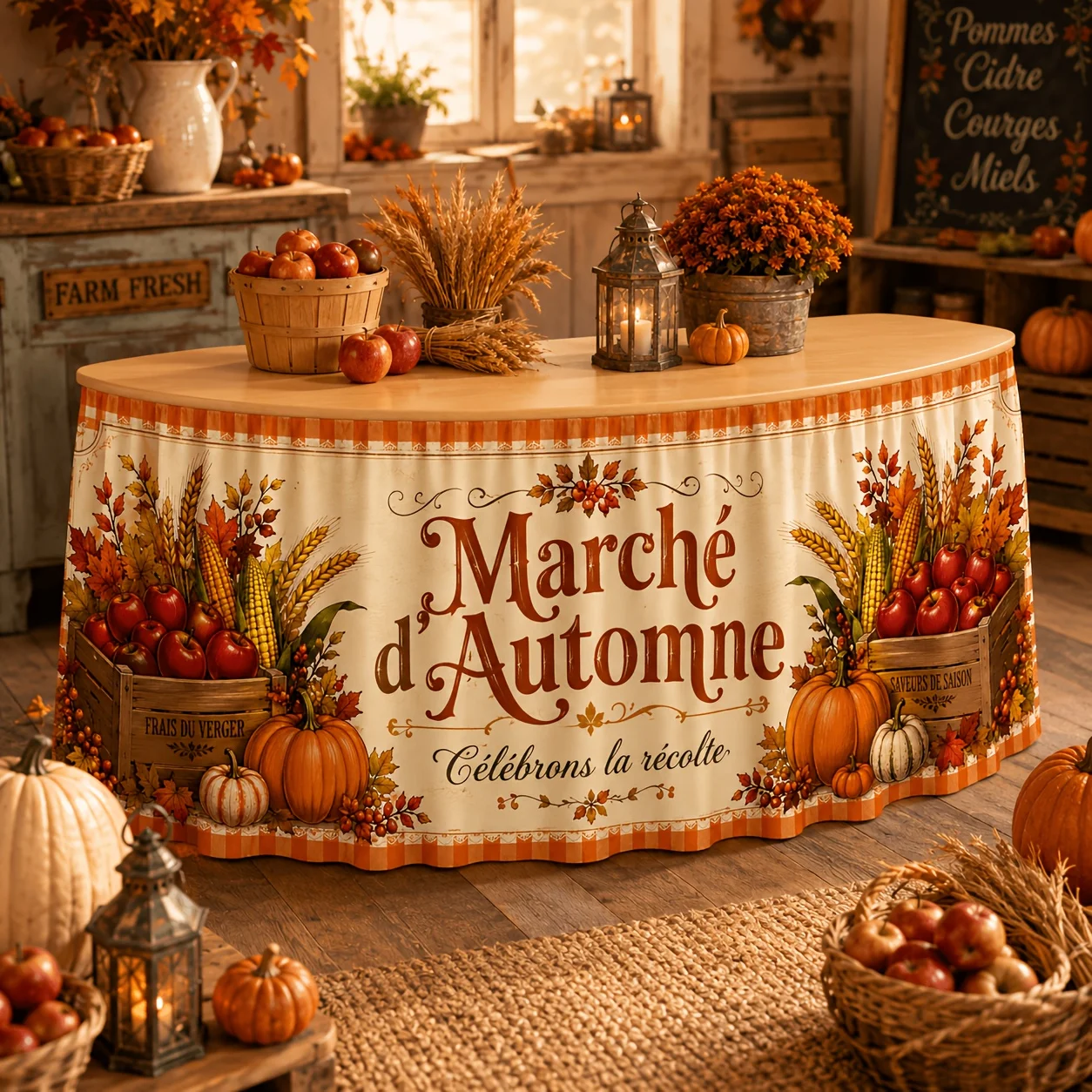 One vintage farmhouse-style tablecloth with a harvest scene featuring pumpkins, apples and corn - autumn tableclothzyc