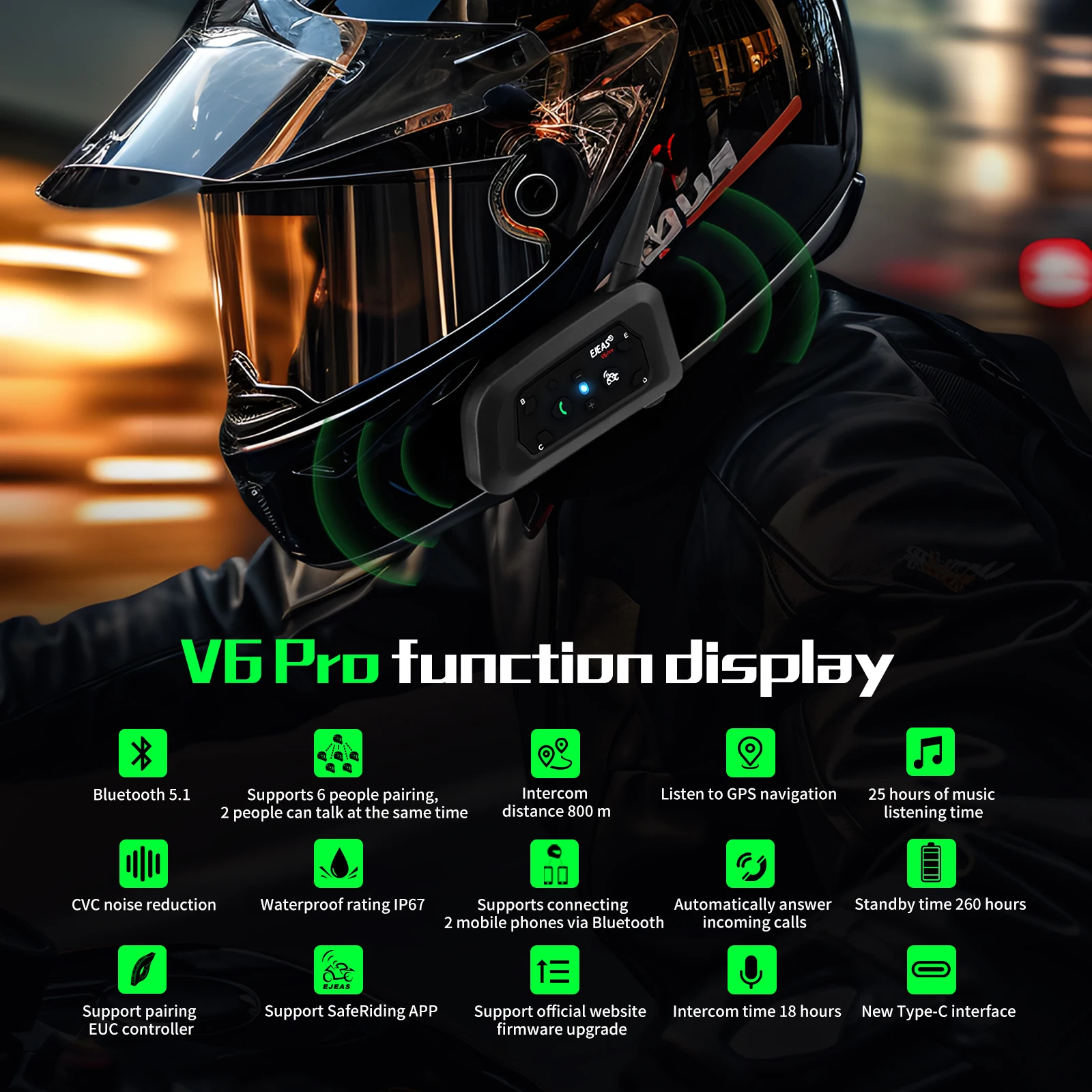 EJEAS-intercomunicador V6 PRO + 6Rider para casco de motocicleta, auriculares Bluetooth, interfono de 800M, comunicador impermeable, Control remoto