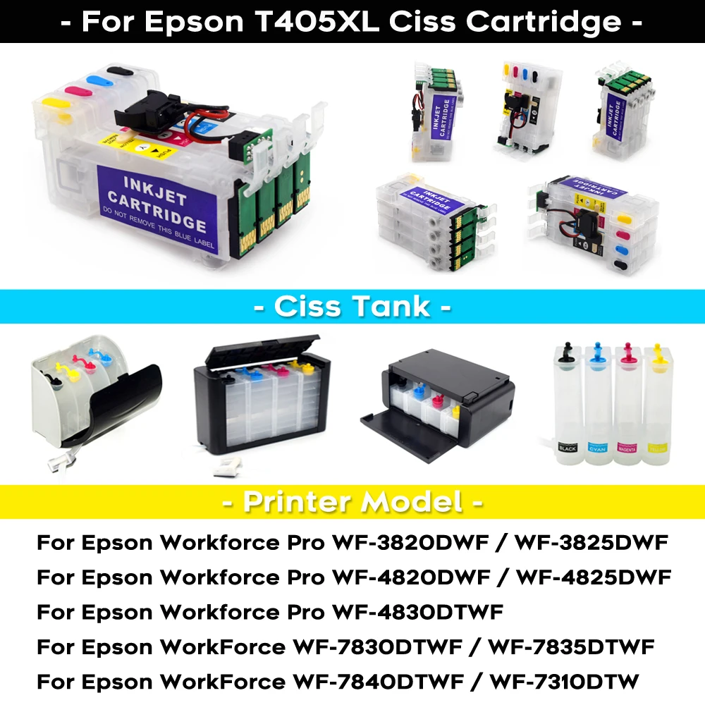 Epson、ciss、WF-3825、WF-4820、WF-4825、WF-4830、WF-7830、WF-7820、WF-7835、7840、3820、405、405xl用の自動レターチップ付きインクカートリッジ