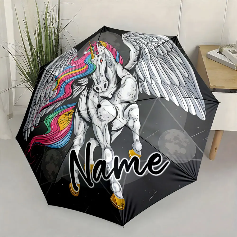 Custom Name Winged Unicorn-Themed Fashion Umbrella 8 Iron Ribs Folding Umbrella Auto-Open Fashionable Sunshade Deluxe Gift