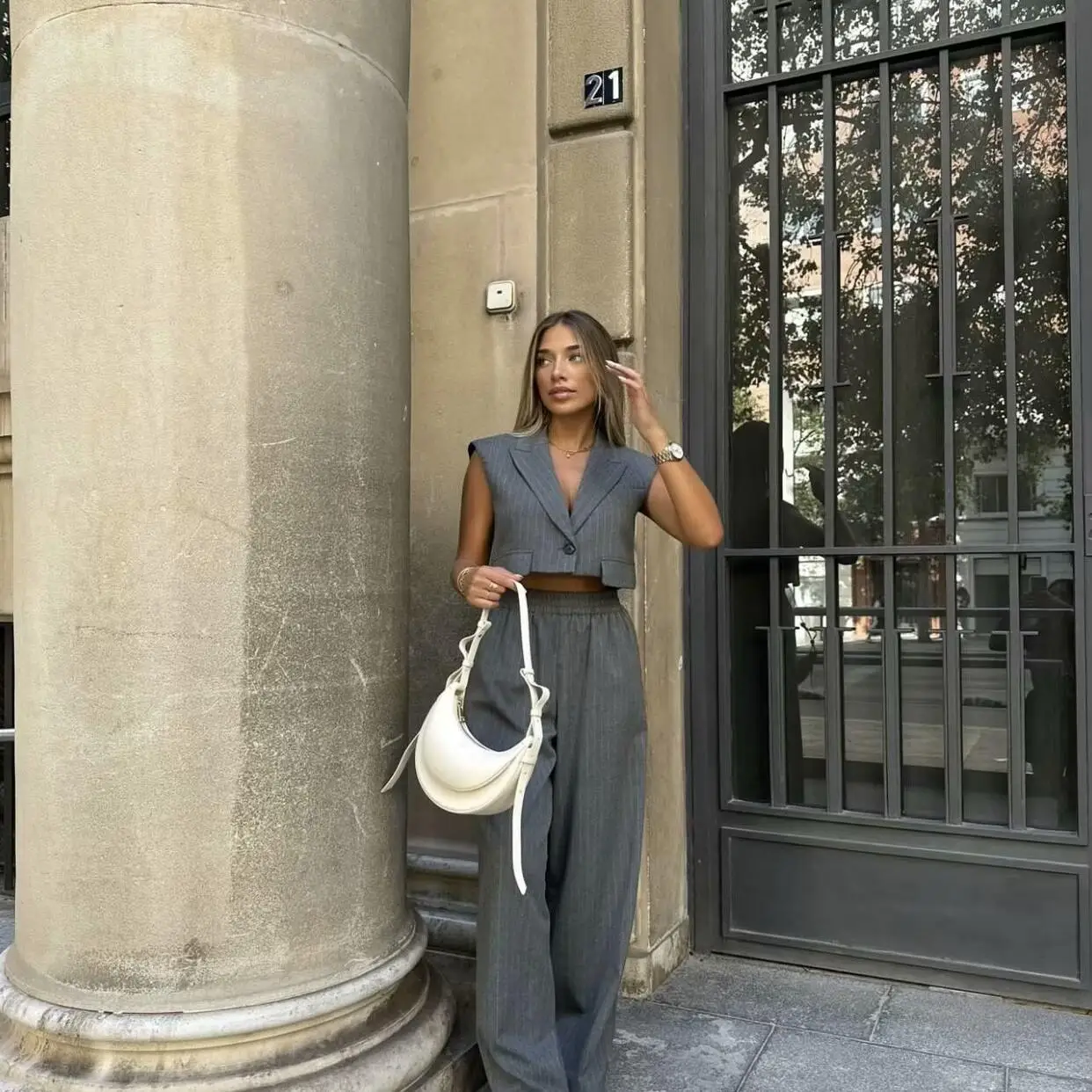 

Повседневные брюки с высокой талией и широкими штанинами для женщин с узкими полосками 2024, жилет с воротником из моины, длина, смесь материалов