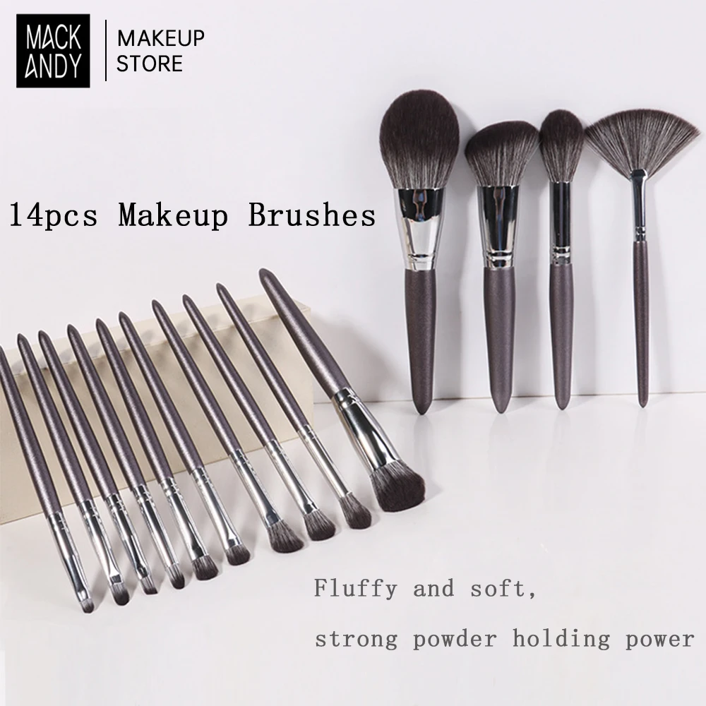 MACKANDY-Kit de pinceaux de maquillage gris café pour femme, poudre de fond de teint en poils de chèvre naturels, fard à barrage contour, outils de maquillage Jules, 14 pièces