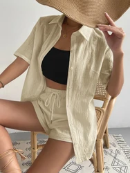 Women Elastic Waist Drawstring Shorts Set Summer Simple Solid Women Shirts Outfits Cotton Linen Shirt Loose Casual 2 Piece Set