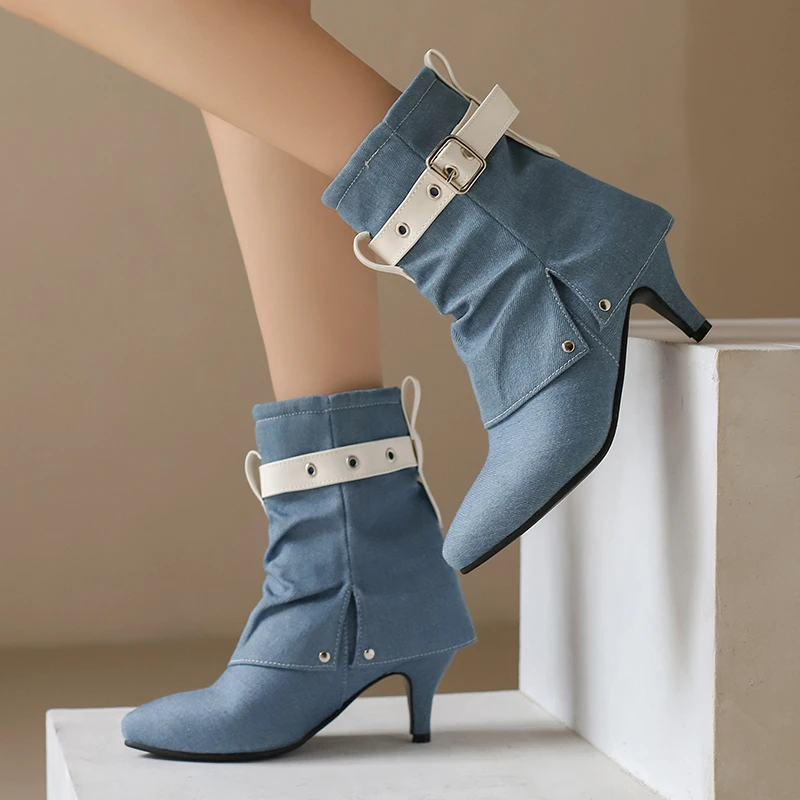 Plus Size Flanged Ankle Metal Belt Buckle Pointed Ultra-High Thin And Sexy Short Boots With Rivets Breathable Fashion Ankle Boot