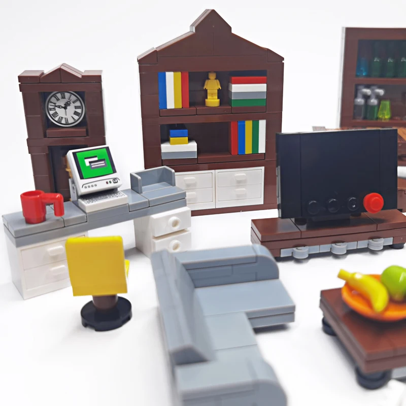 MOC-Bausteine, Möbel und Dekorationen für Wohnzimmer und Schlafzimmer – Bett, Bücherregal, Sofa, Computertisch, kleine Pflanzgefäße, Spielzeugmodelle. – Detail 2