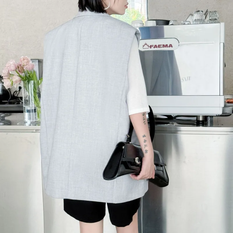 EAEOVNI ファッション革パッチワークブレザー女性ノースリーブルーズポケットオフィスレディコートカジュアル 2025 夏の新服