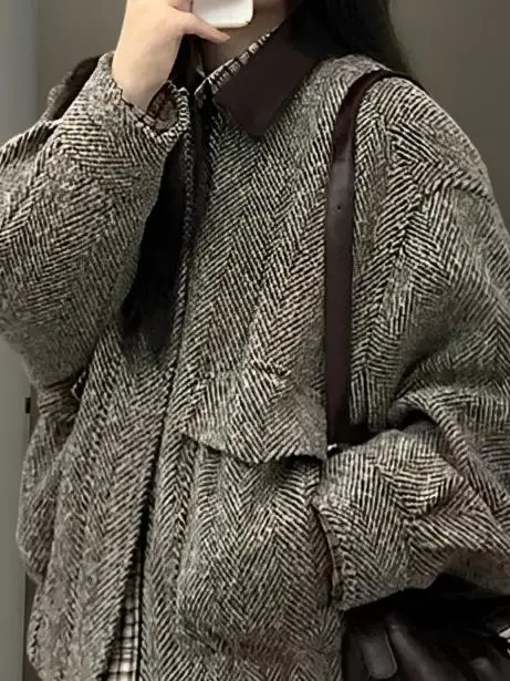 

Ретро американская шерстяная куртка женская весенне-осенняя свободная повседневная куртка с лацканами Thiened Long Sve на молнии чистый цвет