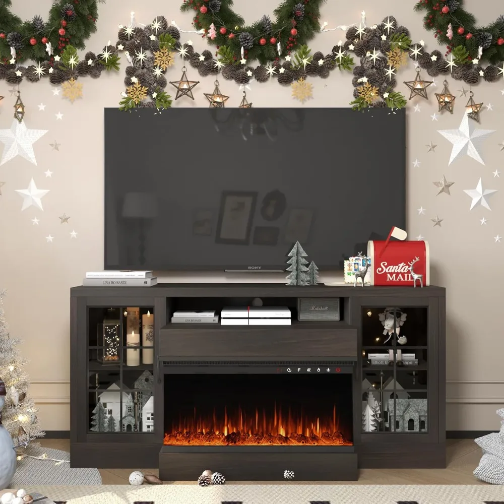 

60 Inch CharaVector Fireplace TV Stand for 75-Inch TVs with 30-Inch 3-Sided Electric Fireplace, Farmhouse Style Entertainment Ce
