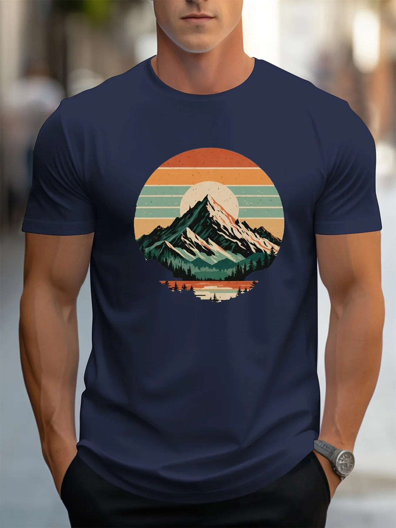 2025 Camiseta de manga corta con cuello redondo y estampado de puesta de sol de montaña de nieve retro holgada informal deportiva a la moda de algodón de verano para hombre