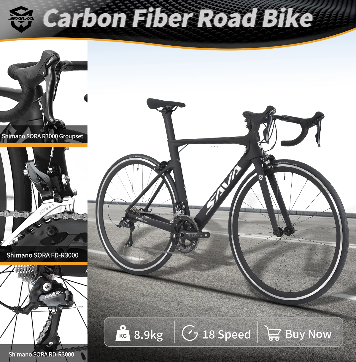 

SAVA R09-R3000 low price Carbon Fiber Road Bike 18 Speed with SHIMAN0 SORA R3000 Kit Dual V-Brake Road Bike Race Bike