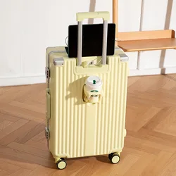 Valise à roulettes multifonctionnelle avec porte-gobelet, cadre en aluminium ABS, bagage à main avec porte-gobelet, port USB, fermeture éclair, 20 po, 24 po, 26 po