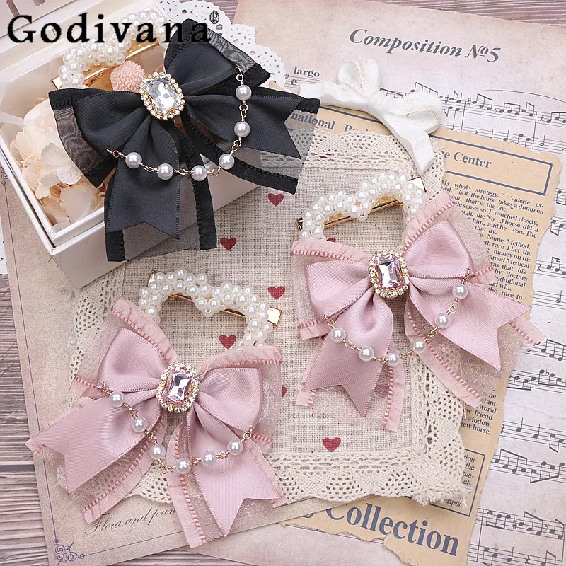 

Handmade Japanese Mine Sweet Cute Pearl Butterfly Rhinestone Hairpin Girly Y2k Kawaii Hair Accessories Women Lolita Hair Clip