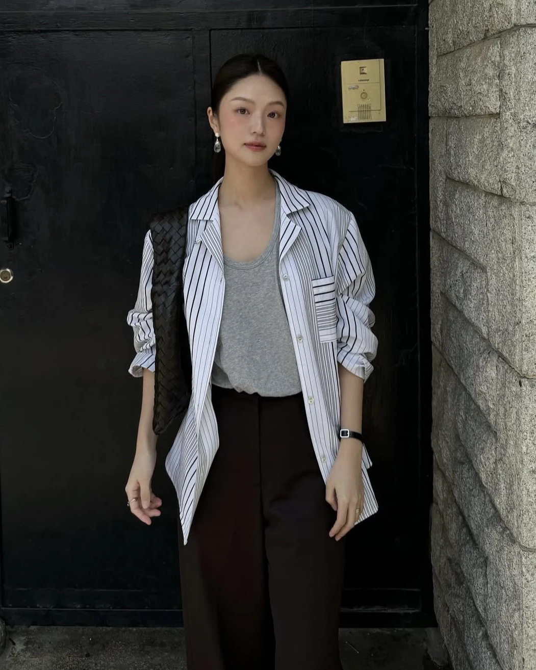 

PREON Commuter Stripe Long Sve irt Versatile GED Sle Early Spring New Arrival Women's Premium Faion Loose Fit irt