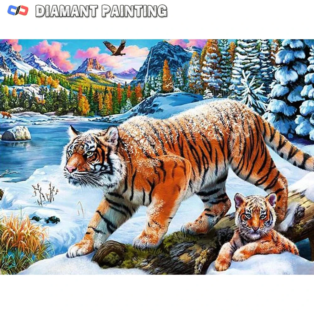 5D Full New Arrival Diamond Embroidery Tiger Winter Cross Stitch Snow Diamond Painting Animals Rhinestone Pictures Wall Decor