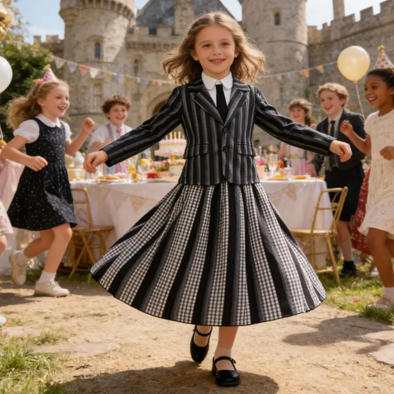 

Карнавальный детский костюм для девочек, черное полосатое пальто + футболка + платье, семейный карнавальный костюм для девочек, темное готическое платье на день рождения для девочек