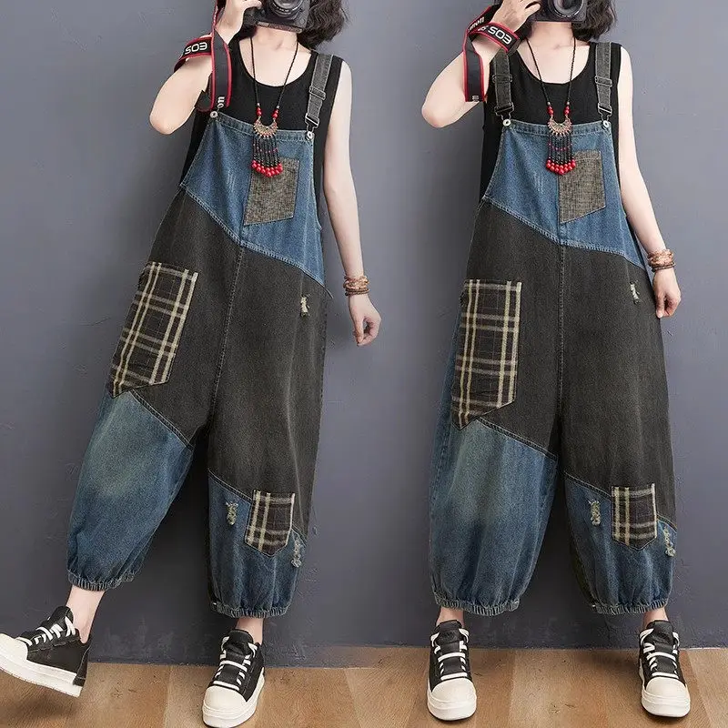 

Fashion Large Size Denim Overall For Women Spring Autumn Loose High Waist Contrasting Color Checkered Jumpsuit Jeans Pants k2607