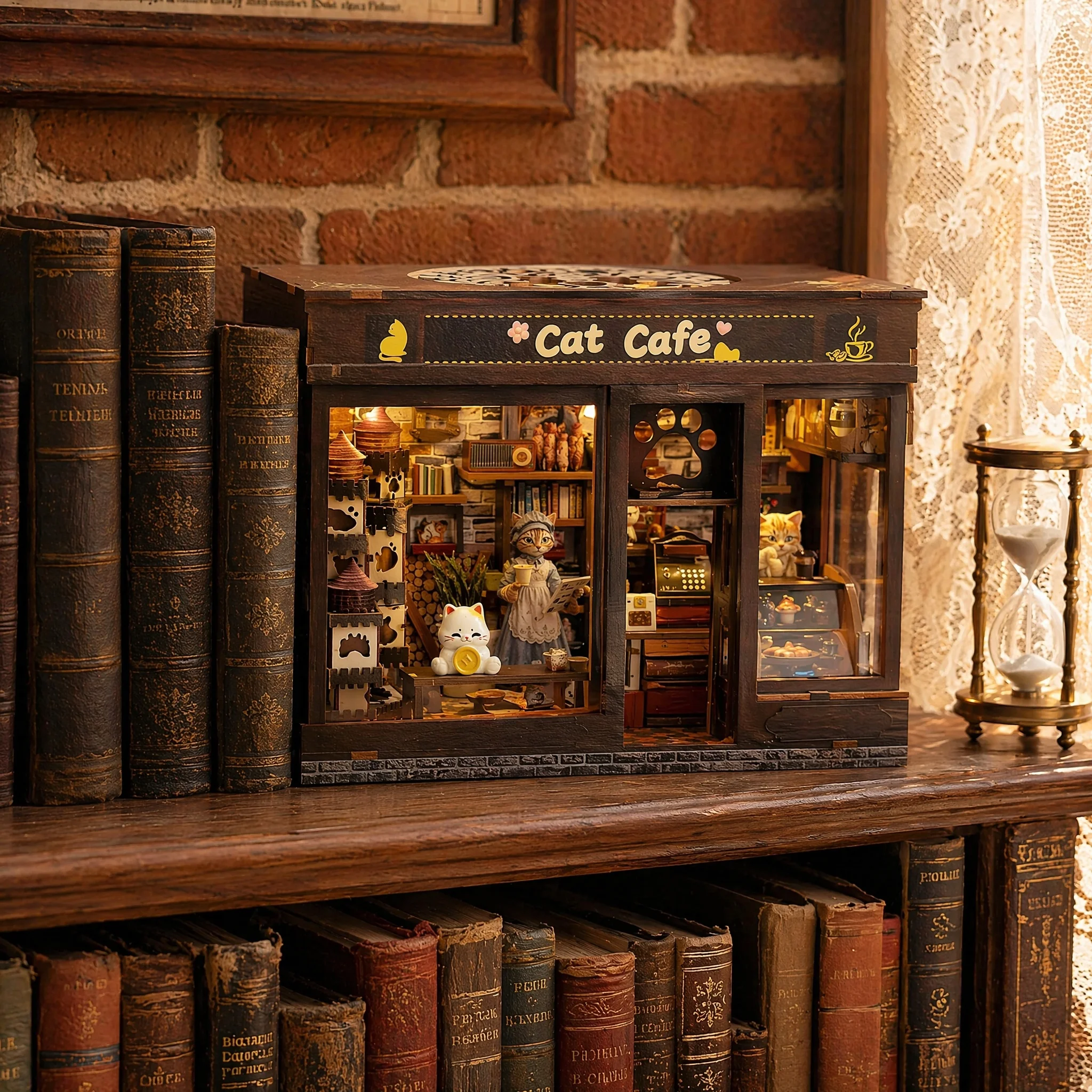 

DIY Miniature House Kit Cat Cafe Book Nook,3D Wooden Assembly Booknook Doll House Model,Unique Tiny Decor Gift for Cat Lovers