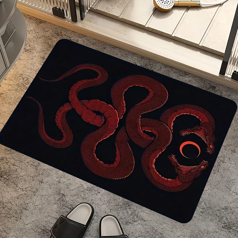 Premium Black Doormat mat with Vibrant Red Embroidered Snake Art for Entryway Home Decor Polyester Fabric Luxurious Accent Rug W