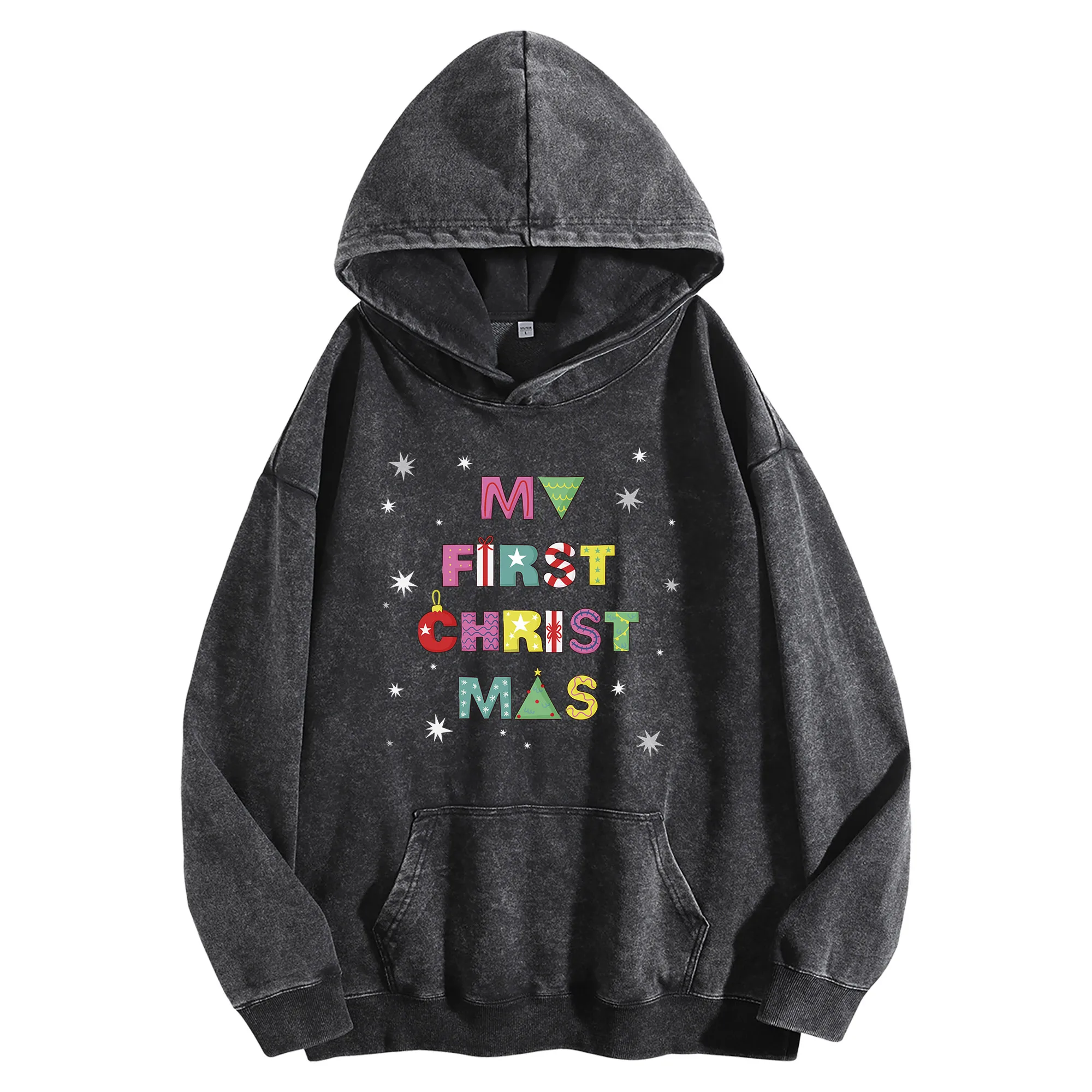 

Мой первый рождественский графический принт 400 г, винтажная стираная толстовка унисекс, уличная одежда большого размера, пуловер, осенне-зимняя коллекция