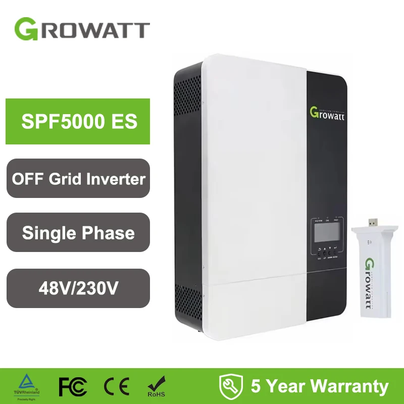 Growatt 5KW OFF Grid Inverter Single Phase 48V 230V 5Kw Pure Sine Wave Grid Compatible With Wifi Hybrid Inverter SPF 5000ES