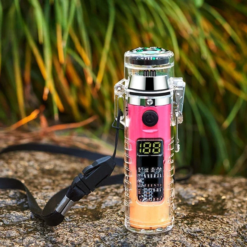 New Double Arc Lighter Type-C Rechargeable Waterproof LED Three Gear Lighting with A Compass Outdoor Plasma Flameless Lighter