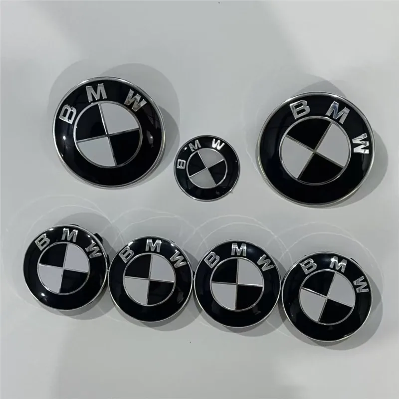 

Car Black White BMW Logo Front Hood Emblem 82mm Rear Badge 74mm Wheel Hub Cap 56mm 68mm steering wheel sticker 45mm Accessories