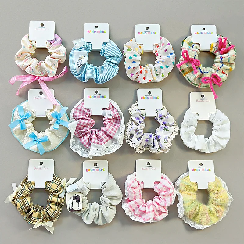 New Elegant Print Plaid Lace Edge Wide Scrunchie For Women Girls Hair Tie Cute Headband Hair Band Fashion Hair Accessories