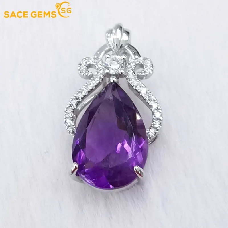 

SACEGEMS 925Sterling Silver Certified 10*15MM Natual Amethyst Pendant Necklaces for Womne Engagement Cocktail Party Fine Jewelry