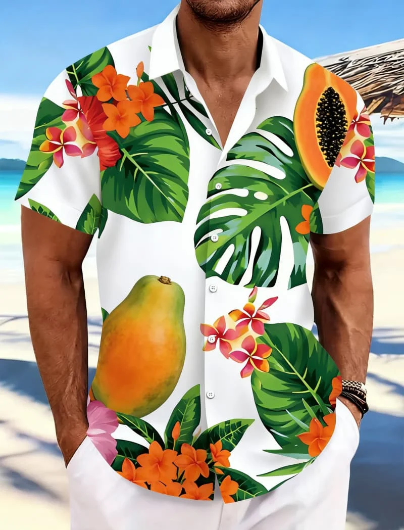 Men's Bold Premium Edgy Relaxed Tropical Fruit Print Short Sleeve Shirt Casual Fashion For Urban Style And Vacation Styling