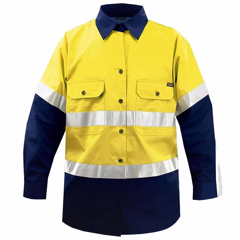 Hi Vis Men Work Shirt 100% Cotton High Visibility Clothing Shirt Construction Safety Clothes for Work High Vis Workwear Two Tone