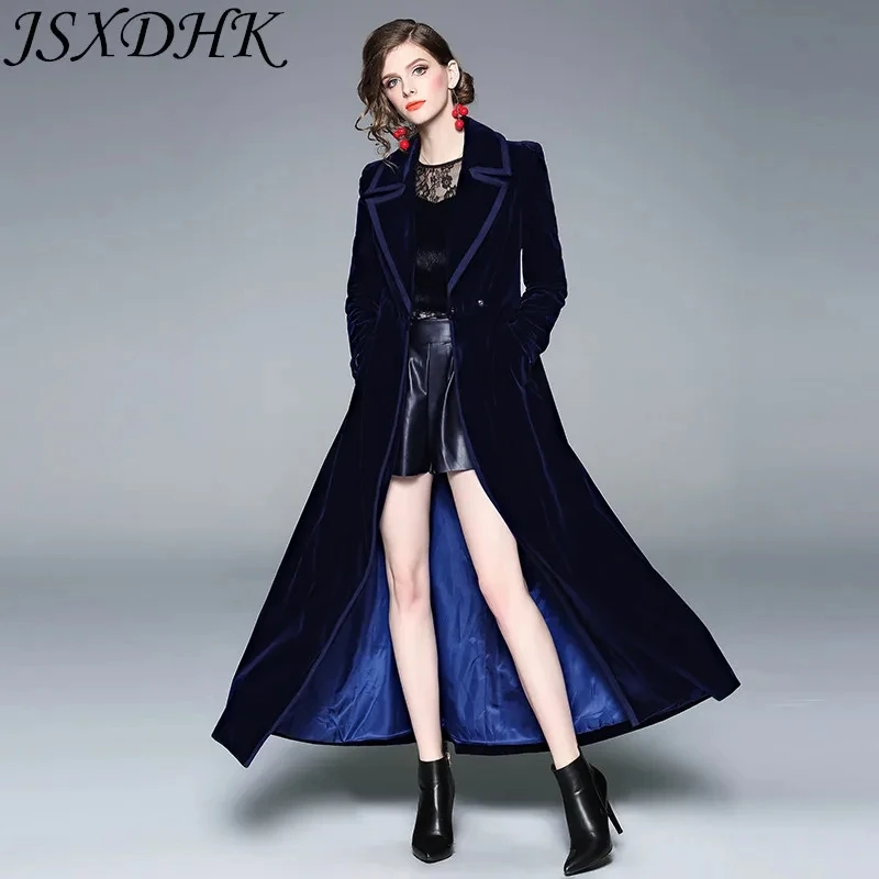 

2024 High Quality Autumn Winter Velvet Long Trench Coat Elegant Women Notched Collar Pockets Thick Warm Velour Slim WaistOutwear