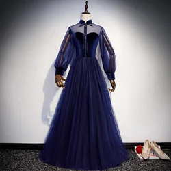 Evening Dress Navy Blue Navy Blue Velvet High-neck Illusion A-line Floor-length Lace up Plus size Women Party Formal Gowns R1265