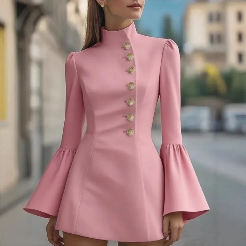 

Business OL Women's Dress 2025 New Stand Collar Single-breasted Solid color Mini Dress Casual Long Sleeve Slim Party Dresses