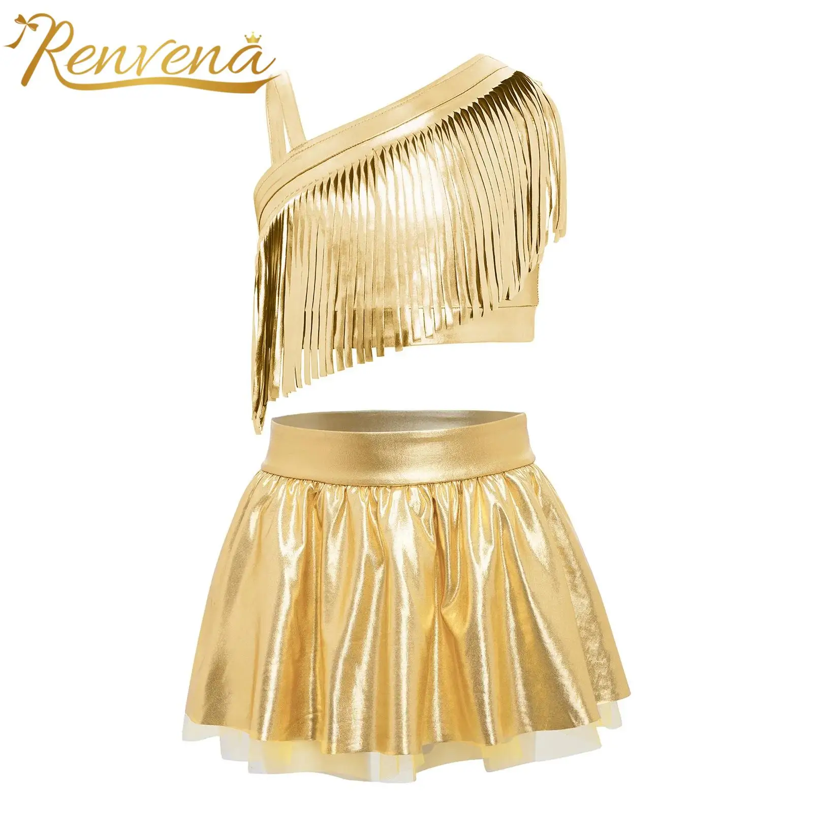 Kids Tassels Dancewear Girls Metallic Dancing Suits 70s 80s Disco Costume Jazz Dance Outfit Carnival Stage Performance Clothes