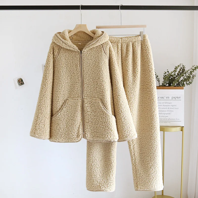 Winter Lamb Fleece Hooded Pajama For Women Warm Cardigan Zipper Home Sleepwear Solid Loose Big Pocket Female Nightclothes Autumn