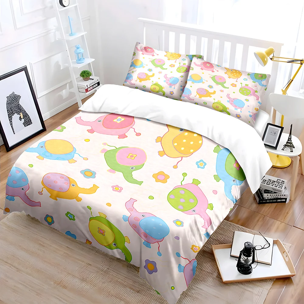 Cartoon colored elephants background Print Bedding Set 1 Duvet Cover 2 Pillowcases for Adult and Children Luxury Gift Full Size
