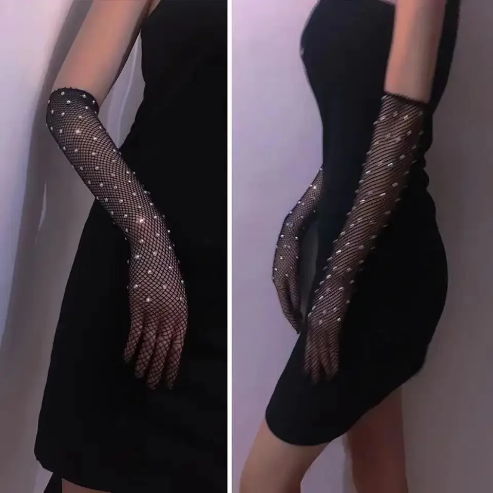 مثير شبكة صيد السمك حجر الراين قفازات اليد الطويلة النساء بسط لامعة الماس الأسود قفازات برباط نادي كامل فنجر رقيقة جدا شبكة القفازات