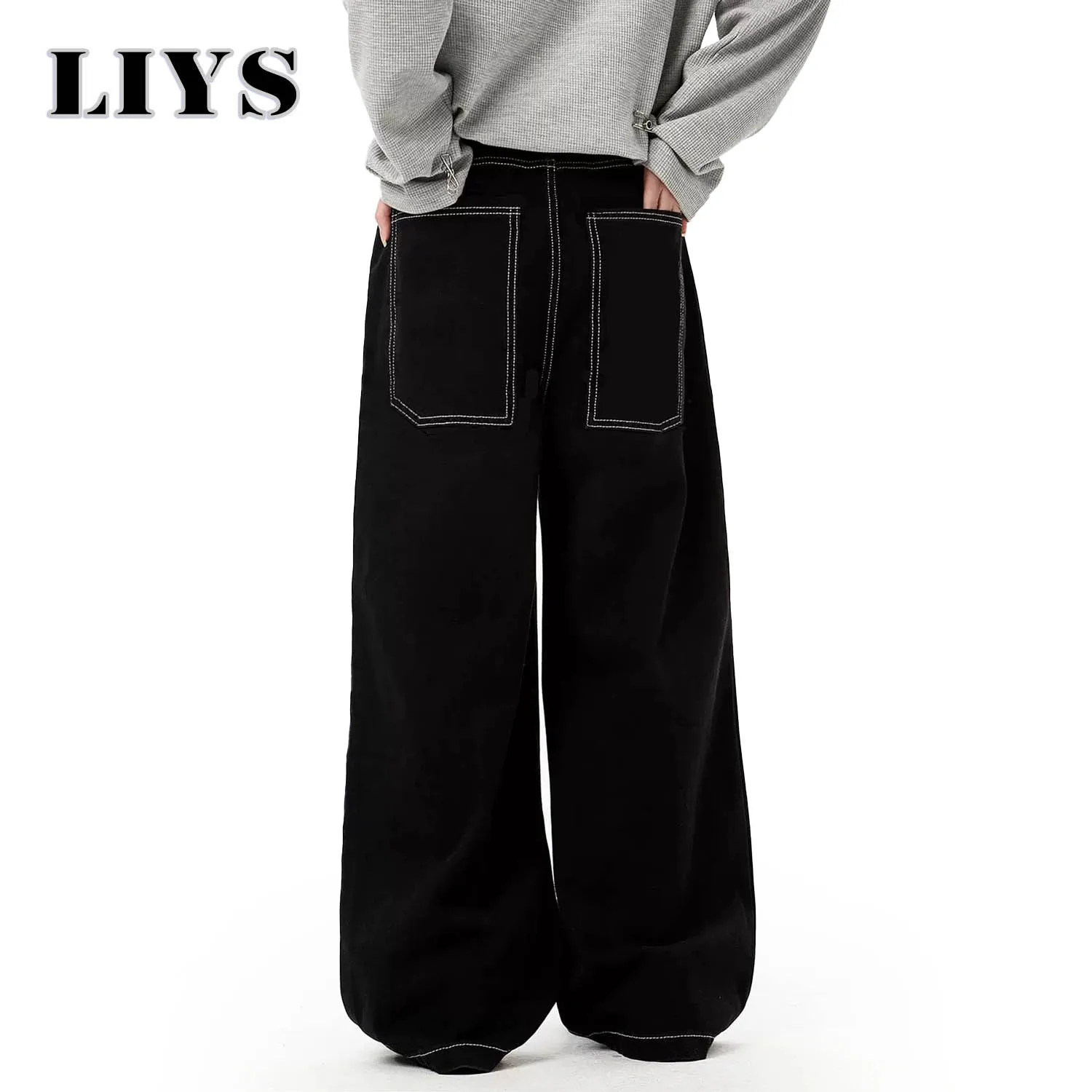 الخريف الرجال الرجعية الأسود فضفاض واسعة الساق الجينز الأمريكية الأساسية للجنسين فضفاض اليومية عارضة الدنيم السراويل النسائية الجينز الأسود مكدسة #6