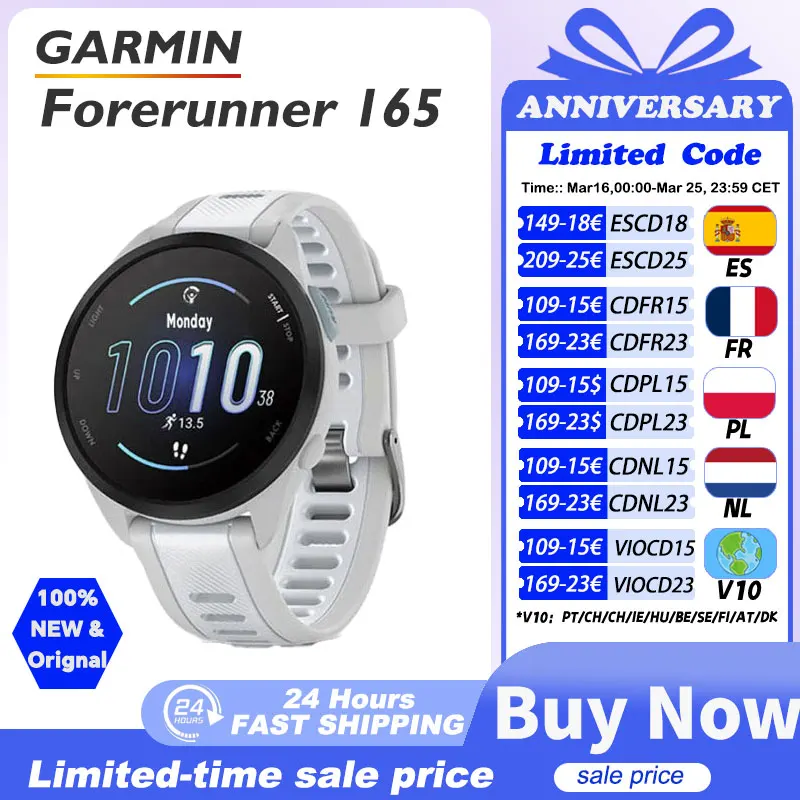 Montre GARMIN Forerunner 165 avec capteur d'oxygène sanguin, suivi du stress, dynamiques de course à pied, fréquence cardiaque et entraînement croisé.