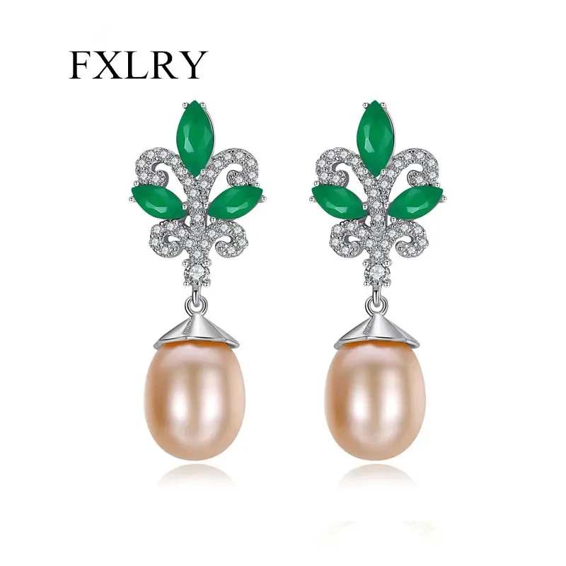 

FXLRY Elegant Natural Freshwater Pearl Full Cubic Zirconia Geometric Flowers Earrings For Women Jewelry Accessories
