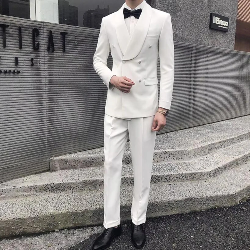 

Handsome White Suits for Men Double Breasted Shawl Lapel Blazers Sets Formal Wedding Groom Banquet Business Male Clothing