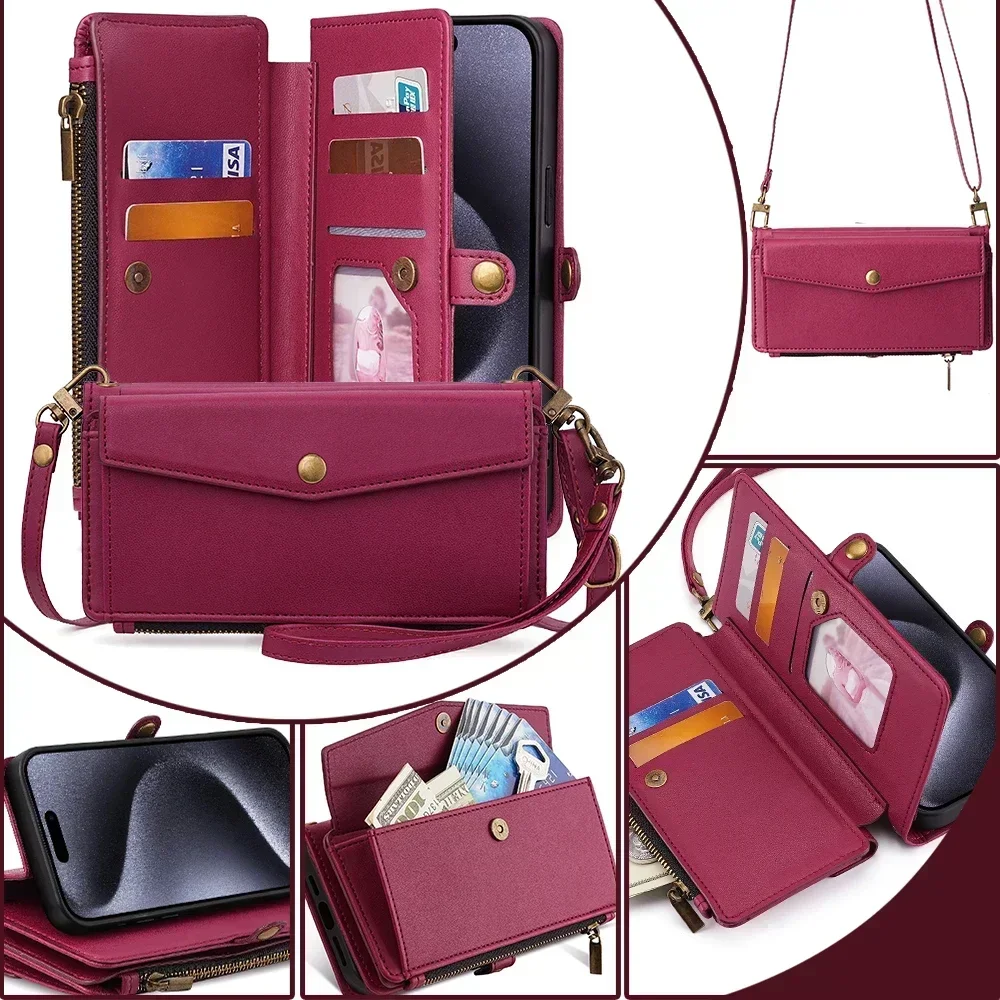 Reißverschluss PU-Leder Brieftasche Buchcover Handyhüllen für iPhone 16 16E 17 Air Pro Plus Max Flip Cover Multifunktionale Berging Bags – Detail 15