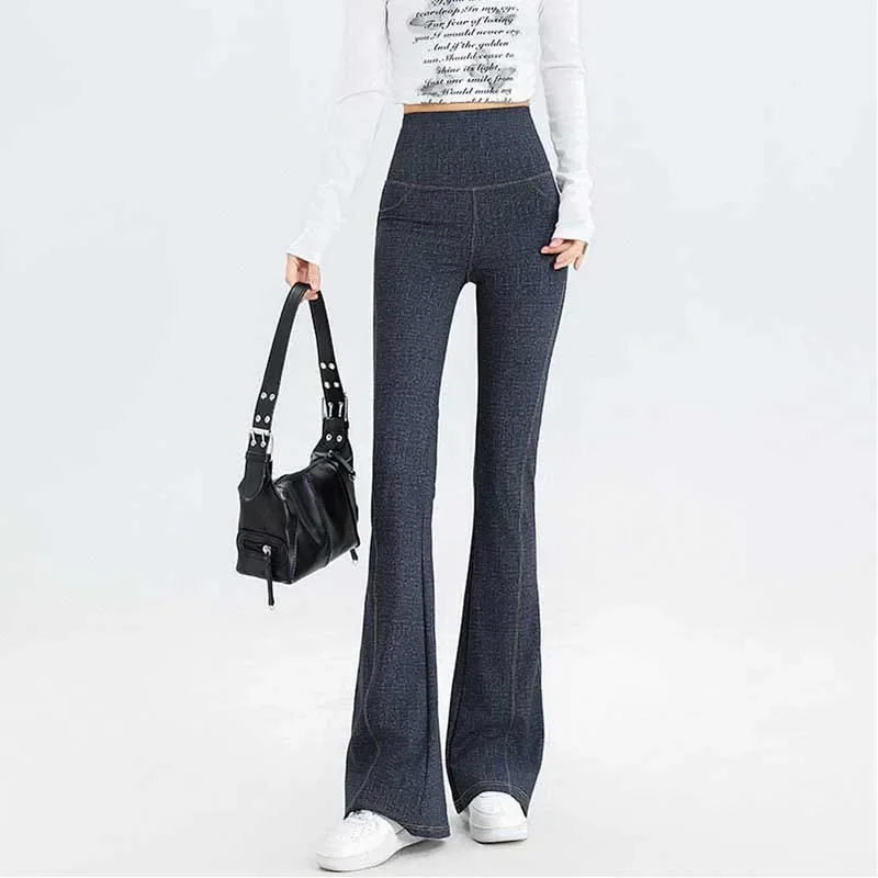 Spring Summer Women Faux Jean Flare Pants Thin Female High Waist Imitation Denim Leggings Ladies Elastic Skinny Pencil Trousers