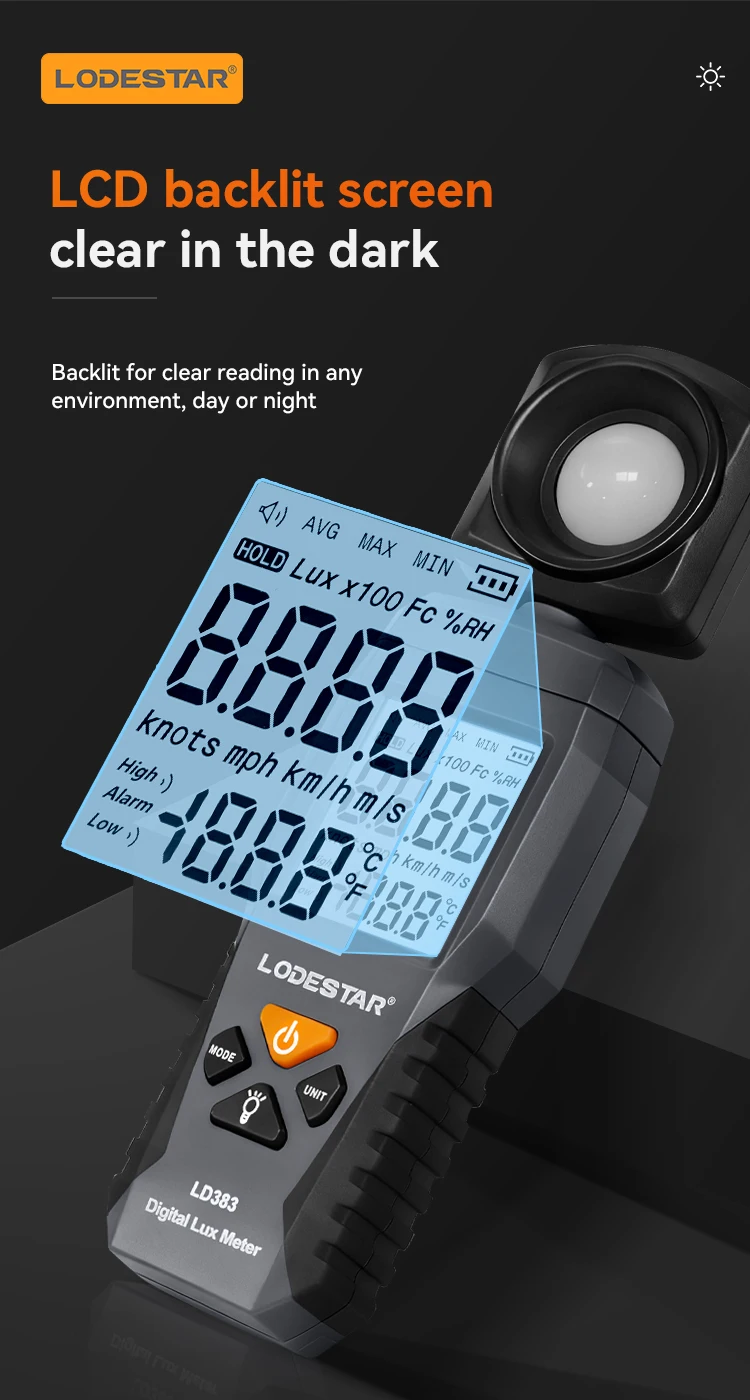 LODESTAR LD383 Light Meter Digital Illuminance Meter Handheld Ambient Temperature Measurer with Range up to 200,000 Lux Luxmeter
