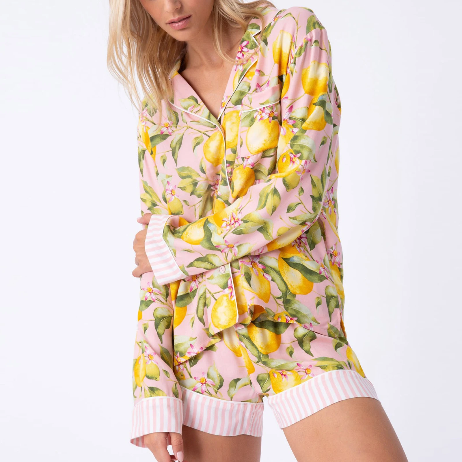 Hirigin-Ensembles de pyjama à imprimé floral rayé pour femmes, chemises boutonnées à manches longues, short Wstring de proximité, vêtements de détente esthétiques Kawaii, automne