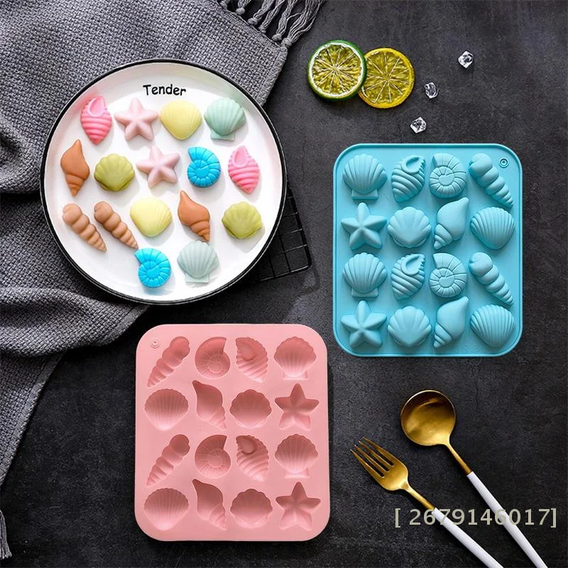 【YY26】Molde de silicona de 16 cavidades con formas de concha, caracola y estrella de mar, molde de silicona marino para DIY, para pudín, hielo, dulces, chocolate y repostería