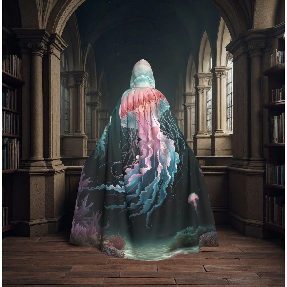

The Captivating Grace Of Jellyfish Long Hooded Cloak Witch Medieval Costume Cosplay Cape HalloweenParty Adult Unisex