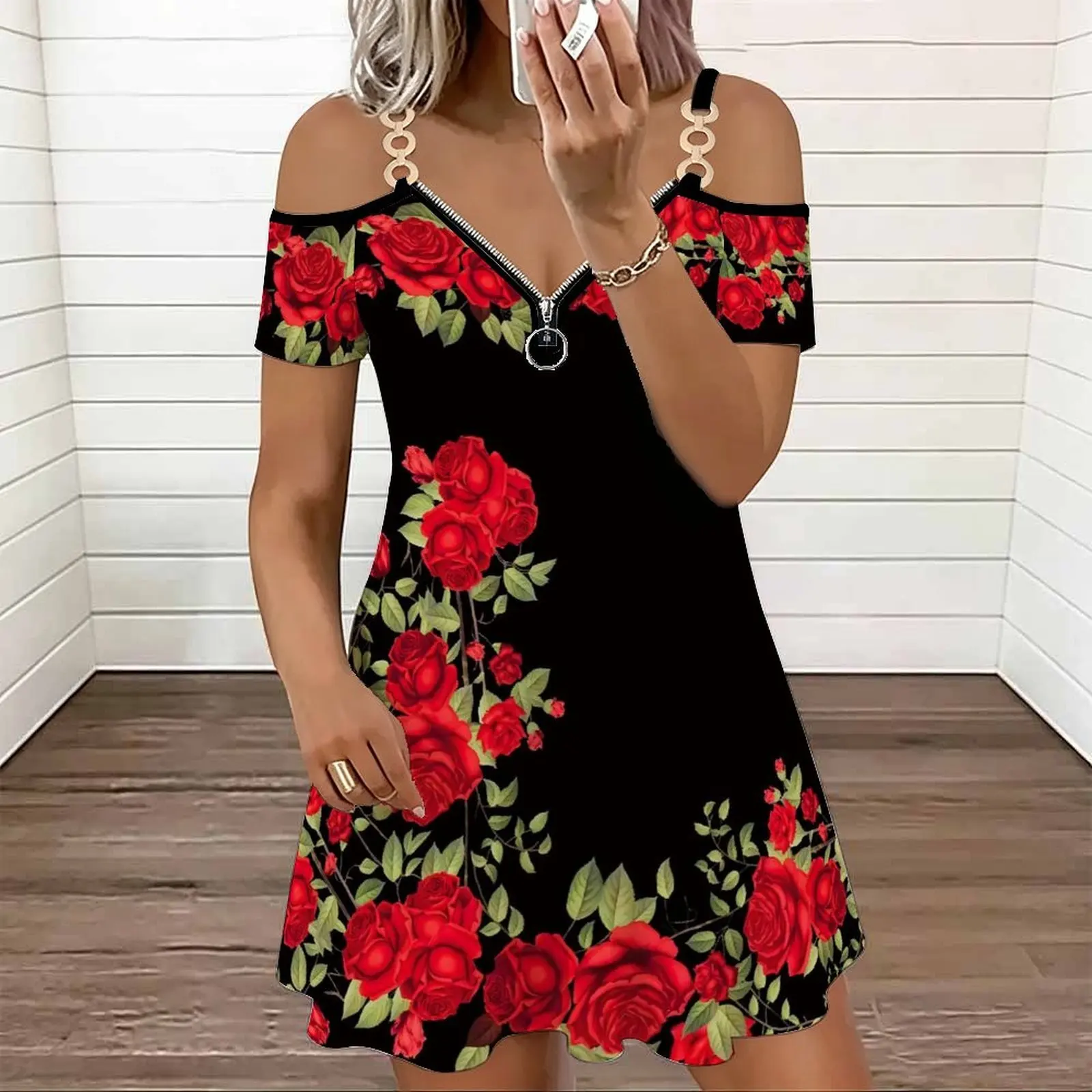 Retro Fashion Cold‑shoulder Double Strap V‑neck Zipper Ladies Mini Skirt Spring Summer Casual Dress Beach Vacation Party Dress