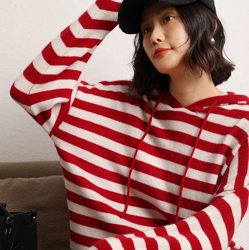 2023 Autumn Winter New 100% Pure Cashmere Sweater Women Hooded Pullovers Warm Tops Female Striped Loose Large Size Knit Jumper